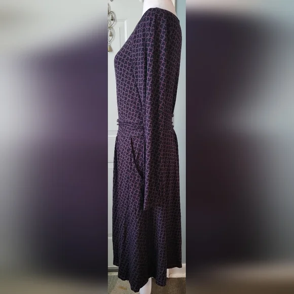 Boden Abigail Jersey Midi Dress Womens 8 Purple Black Leaf Print Long Sleeve - Picture 2 of 12